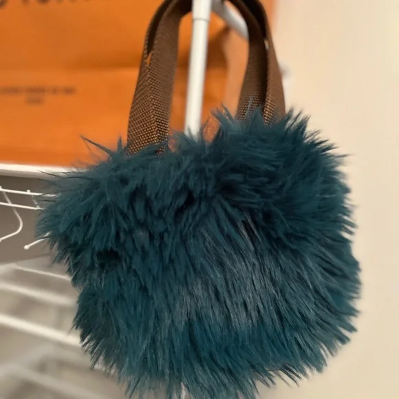 Minky Furry Teal mini Handbag with Brown Straps and Pendleton interior - Picture 3 of 5